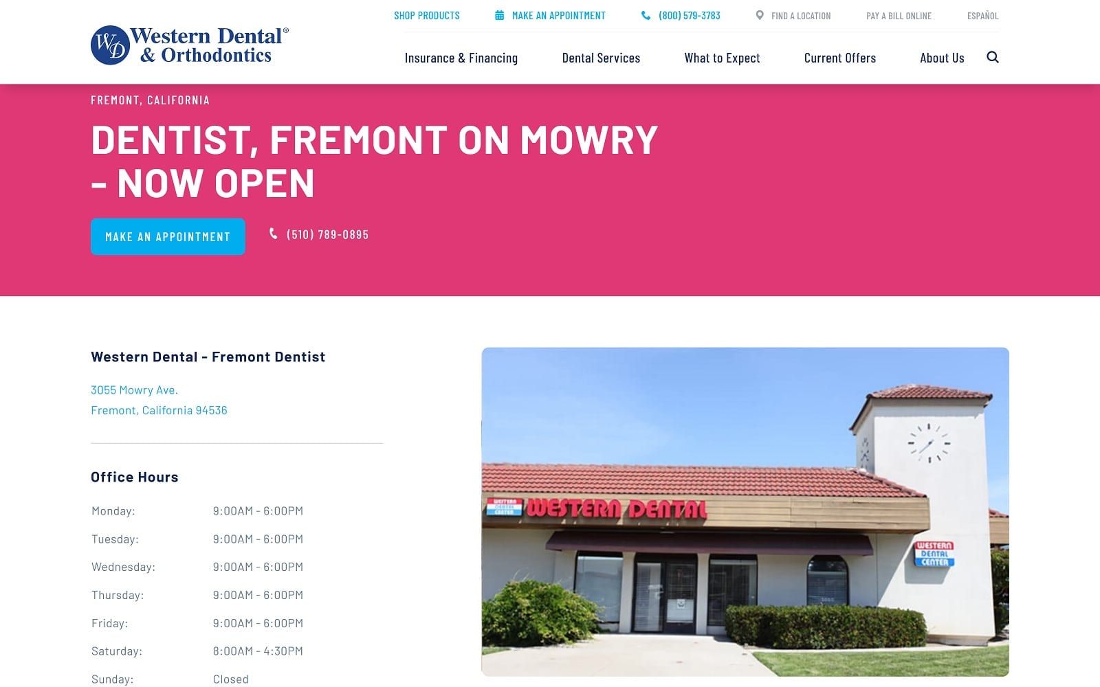 The screenshot of western dental & orthodontics - fremont westerndental. Com/en-us/find-a-location/california/fremont/3055-mowry-ave website