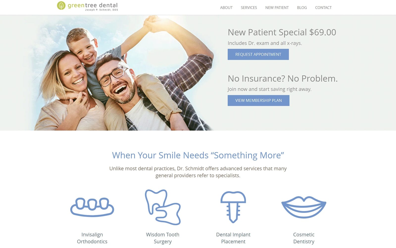 The screenshot of green tree dental yourboisedentist. Com dr. Schmidt website