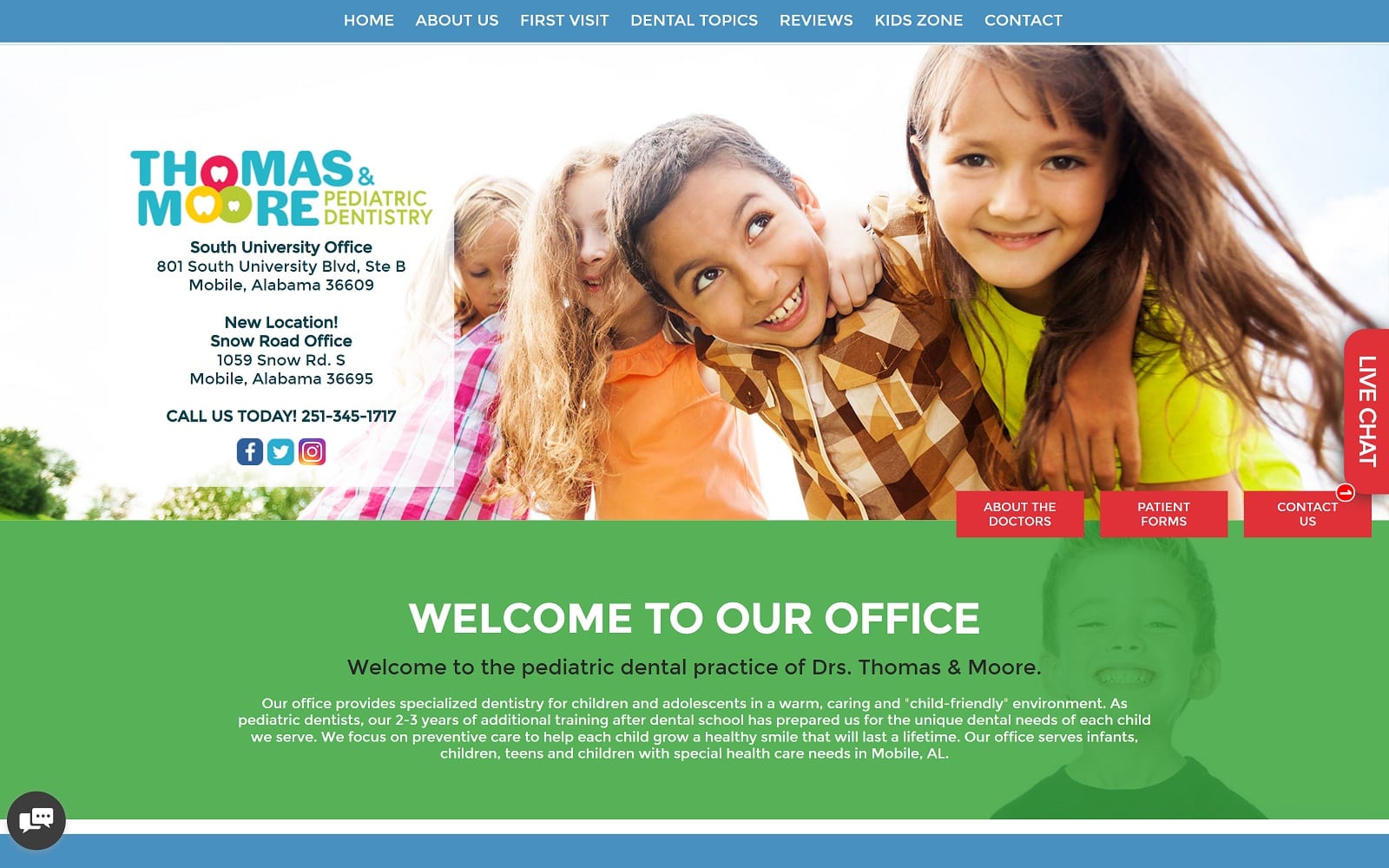 The screenshot of thomas and moore pediatric dentistry mobiledentists4kids. Com website