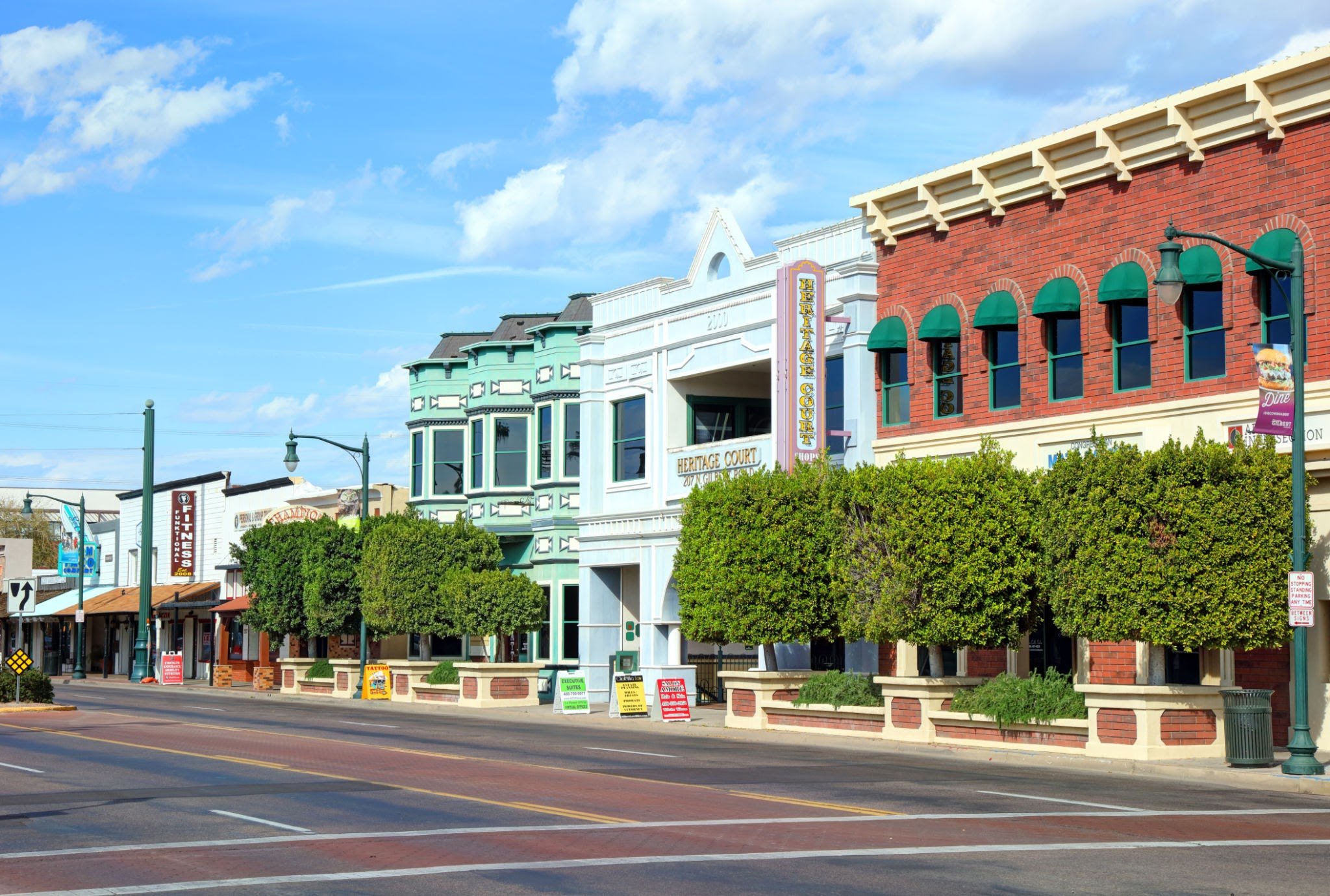 Gilbert, Arizona, USA - March 6, 2019: Daytime view of N Gilbert Rd in the heart of the downtown district in the sixth-largest municipality in Arizona