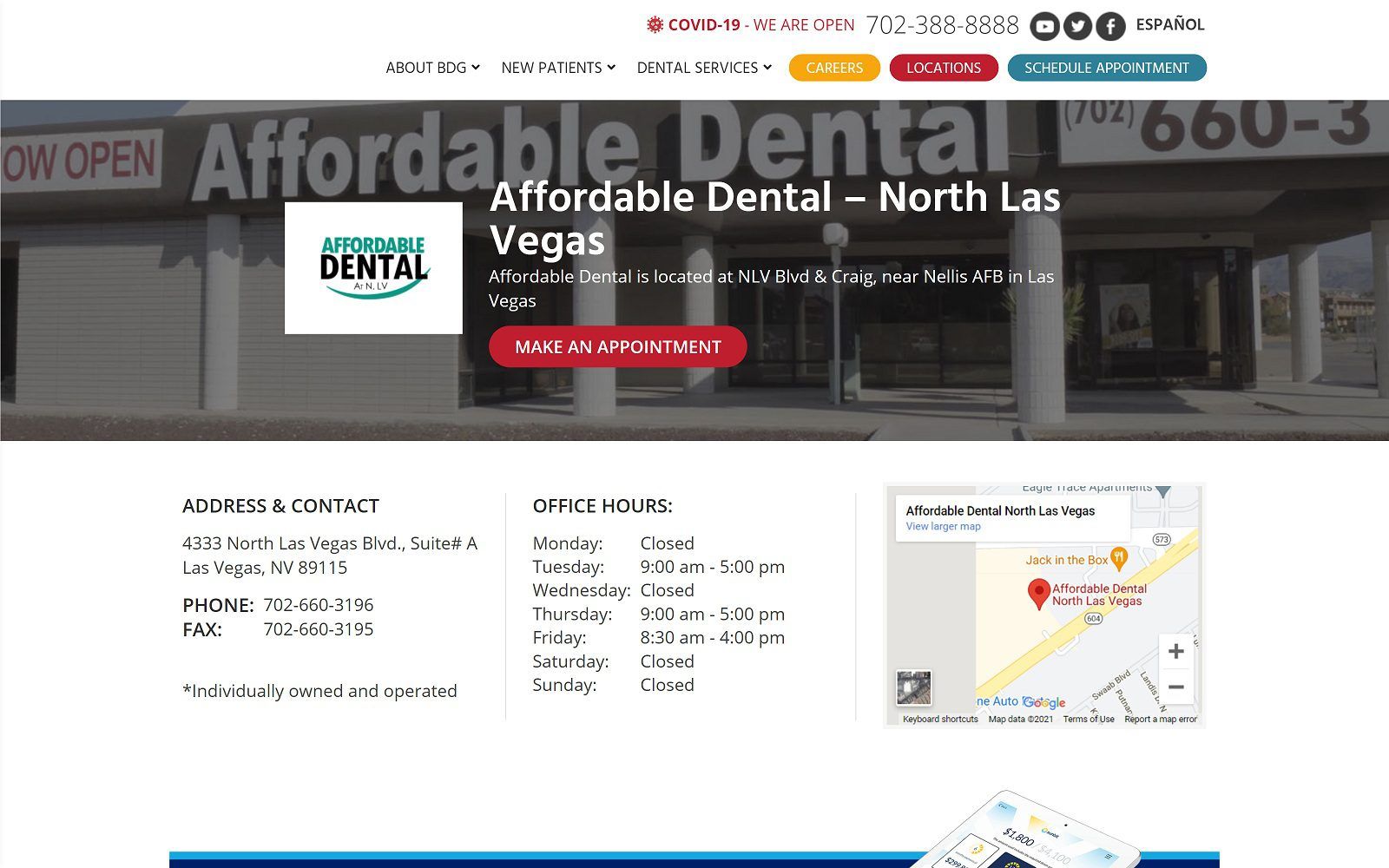 The screenshot of affordable dental north las vegas website