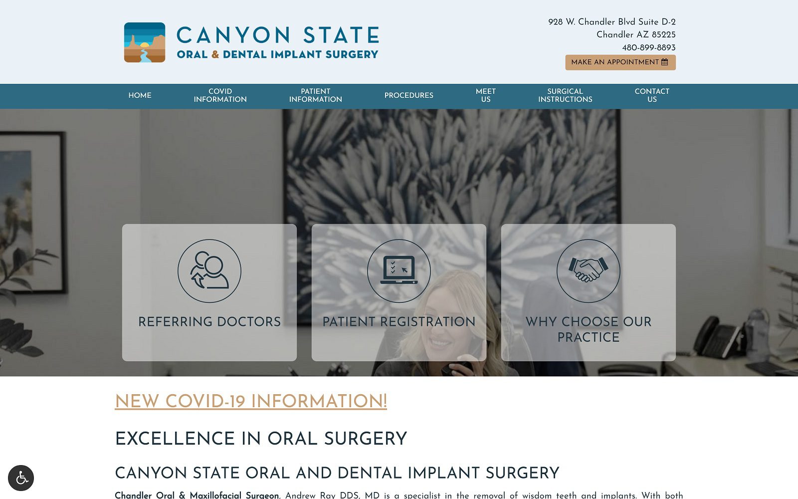 The screenshot of canyon state oral and dental implant surgery dr. Andrew ray website