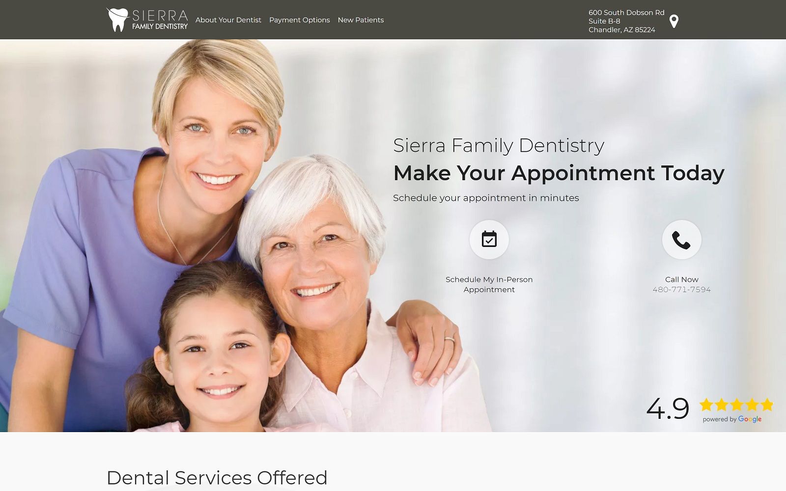 The screenshot of sierra family dentistry website