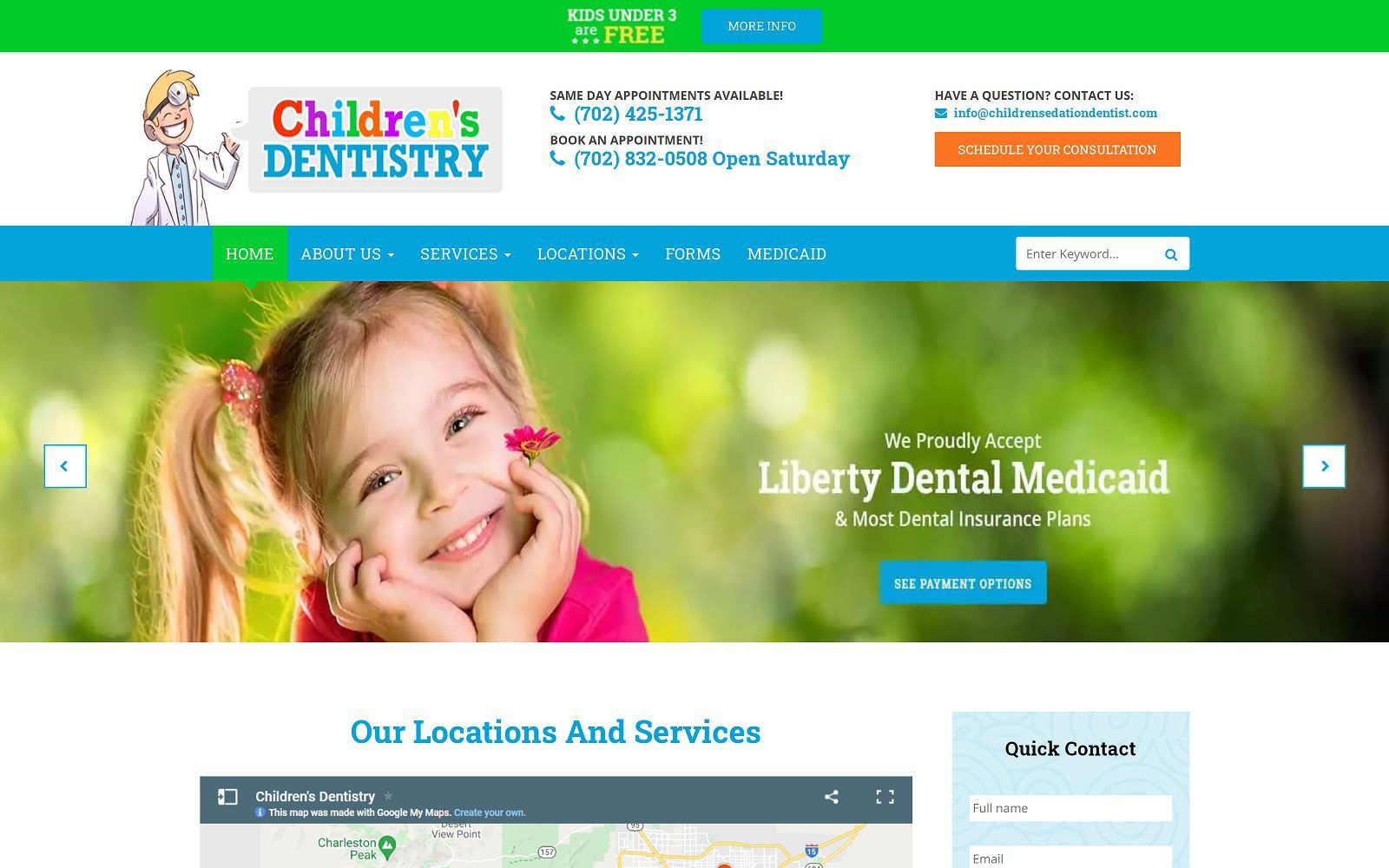 The screenshot of children's dentistry, orthodontics, and vision website