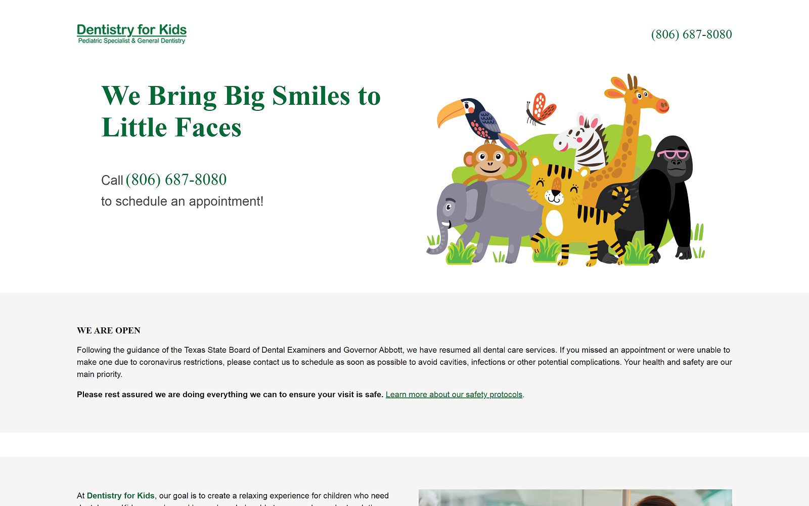 The screenshot of dentistry for kids website