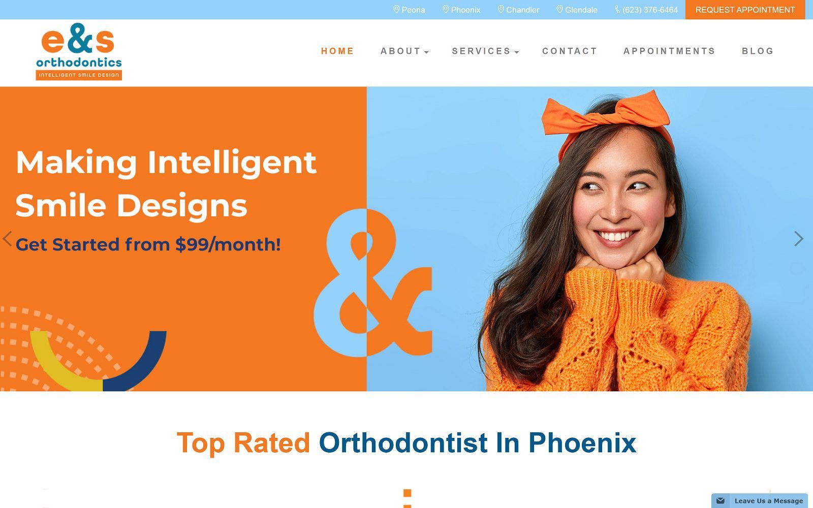 The screenshot of e&s orthodontics in phoenix, az website