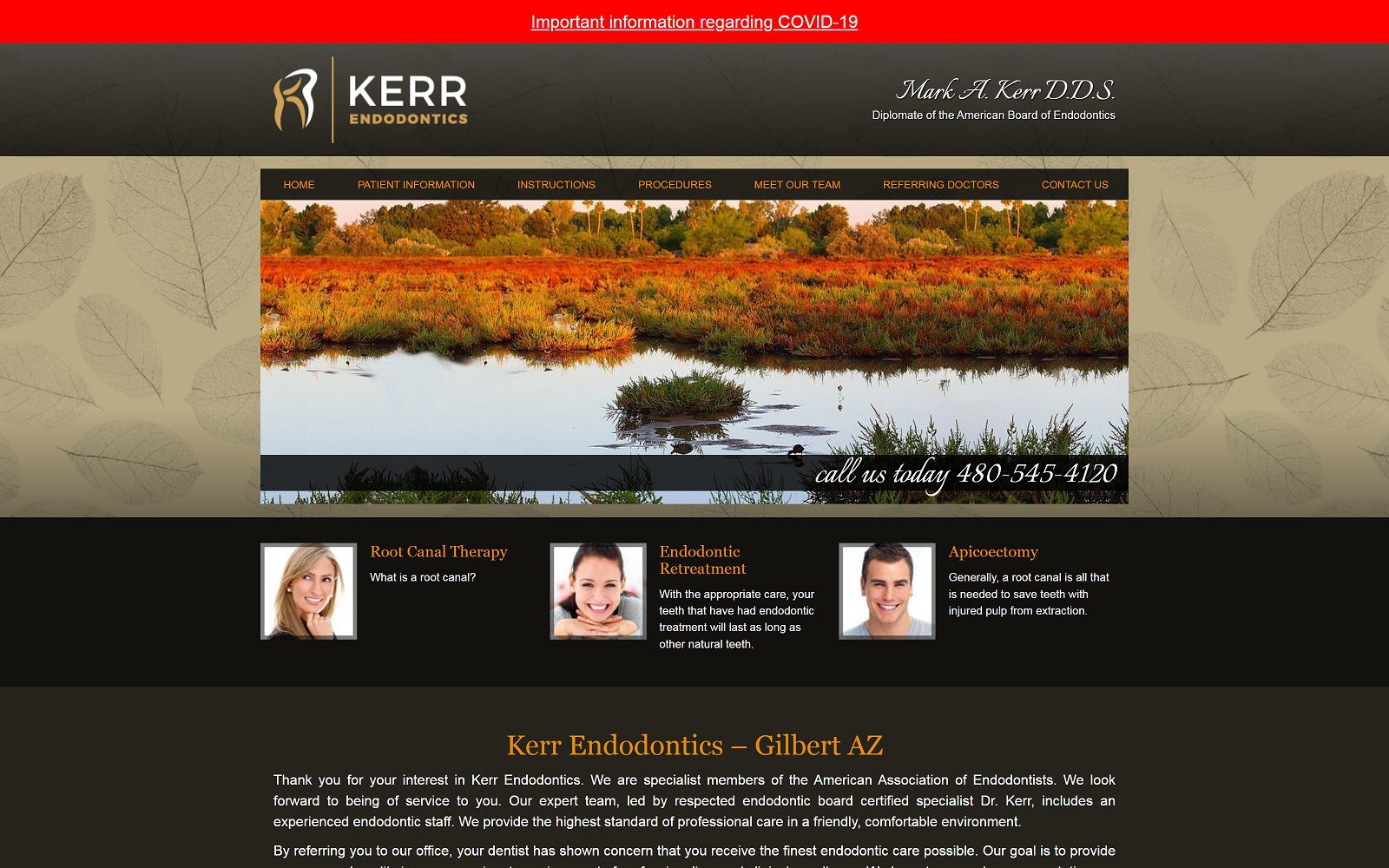 The screenshot of kerr endodontics dr. Mark kerr website