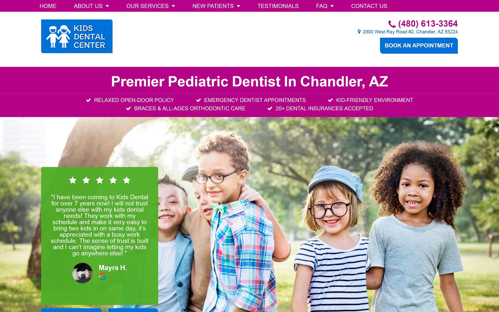 The screenshot of kids dental center website