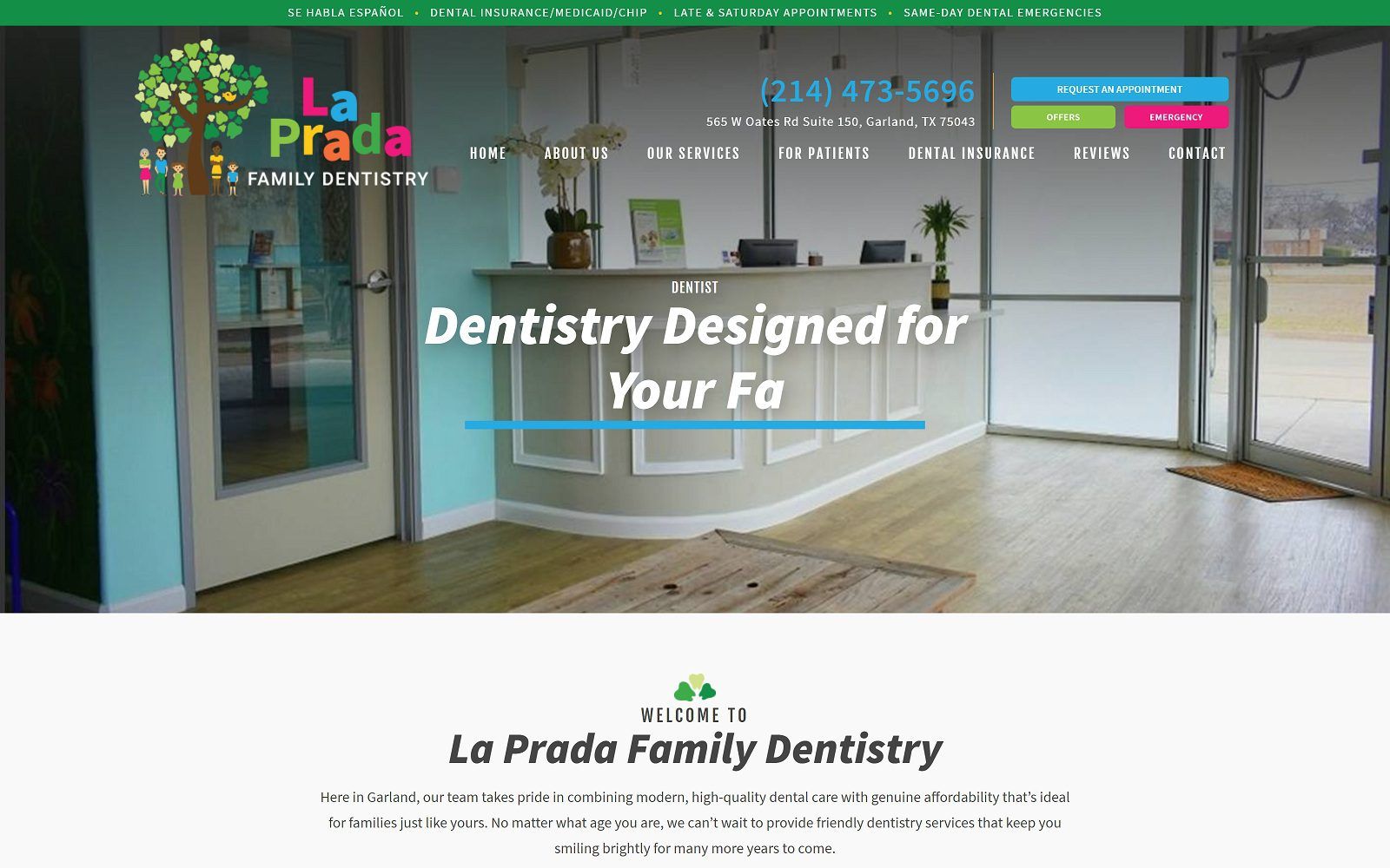 The screenshot of la prada family dentistry website