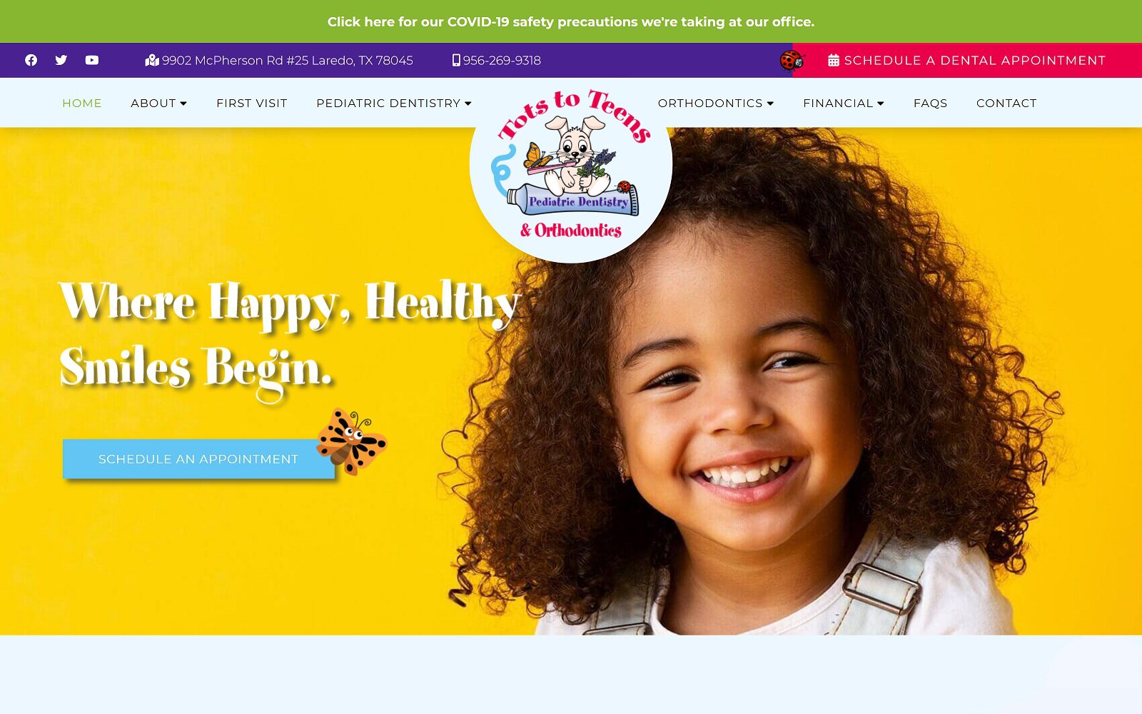 The screenshot of tots to teens pediatric dentistry website