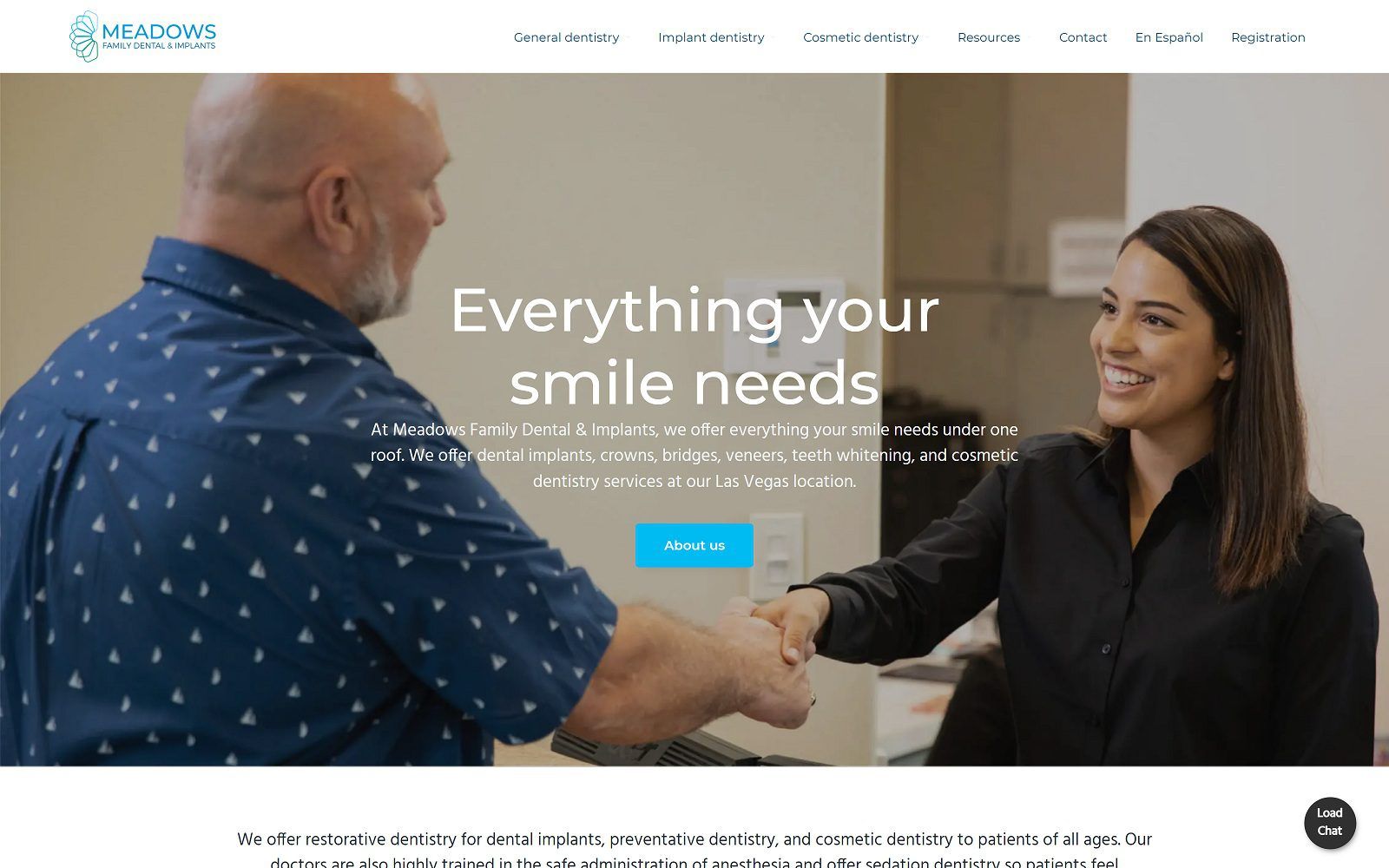 The screenshot of meadows family dental & implants website