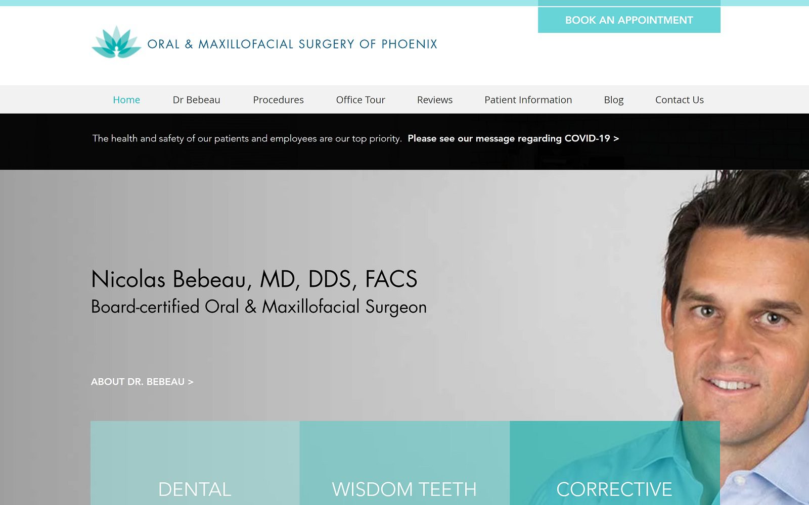 The screenshot of bebeau, nicolas md dds facs: oral & maxillofacial surgery of phoenix website