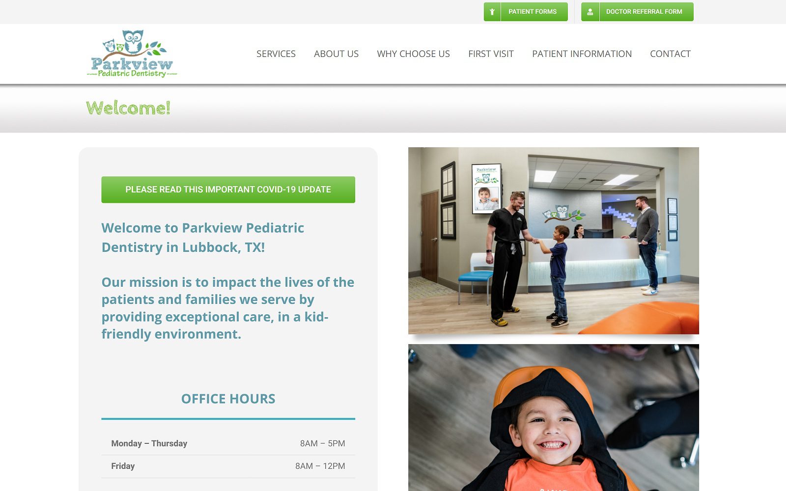 The screenshot of parkview pediatric dentistry website