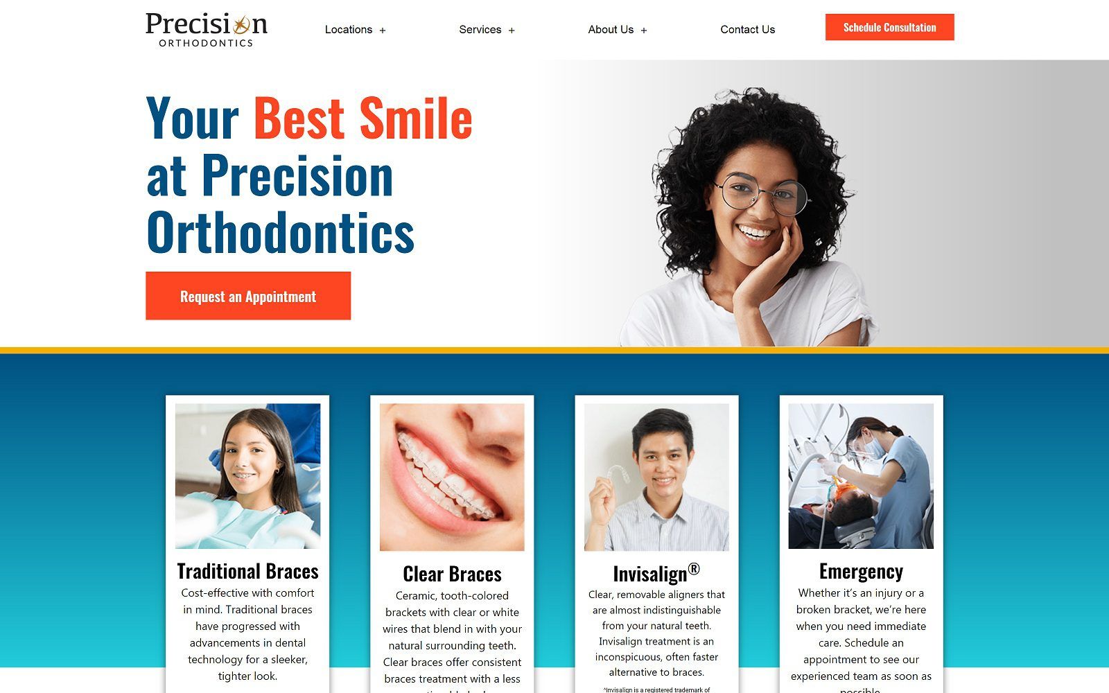 The screenshot of precision orthodontics website