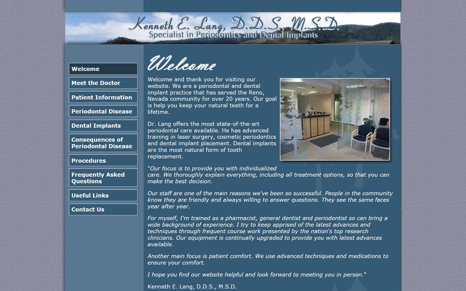 The screenshot of kenneth e. Lang, dds, msd - reno periodontics & dental implants website