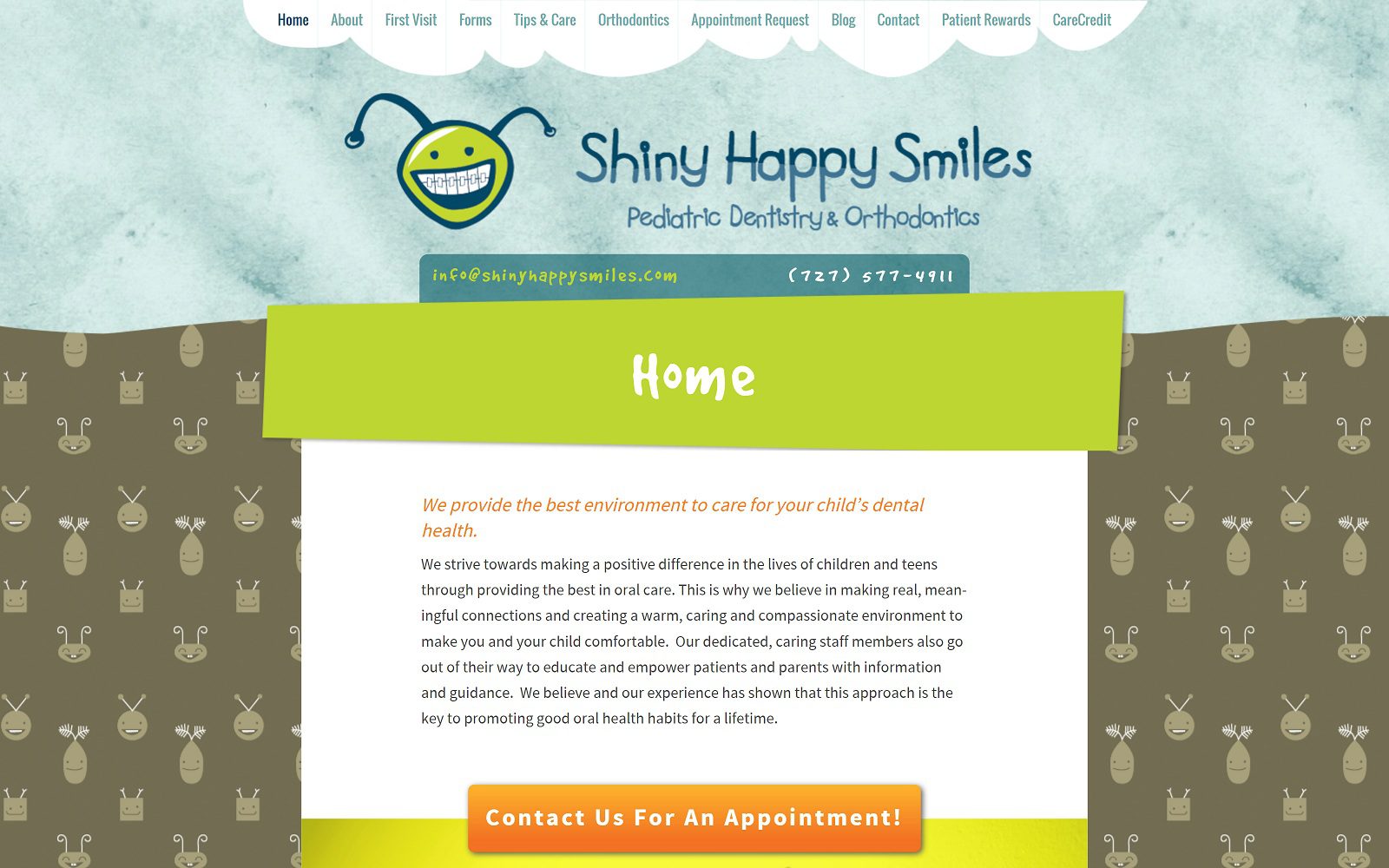 The screenshot of shiny happy smiles pediatric dentistry website