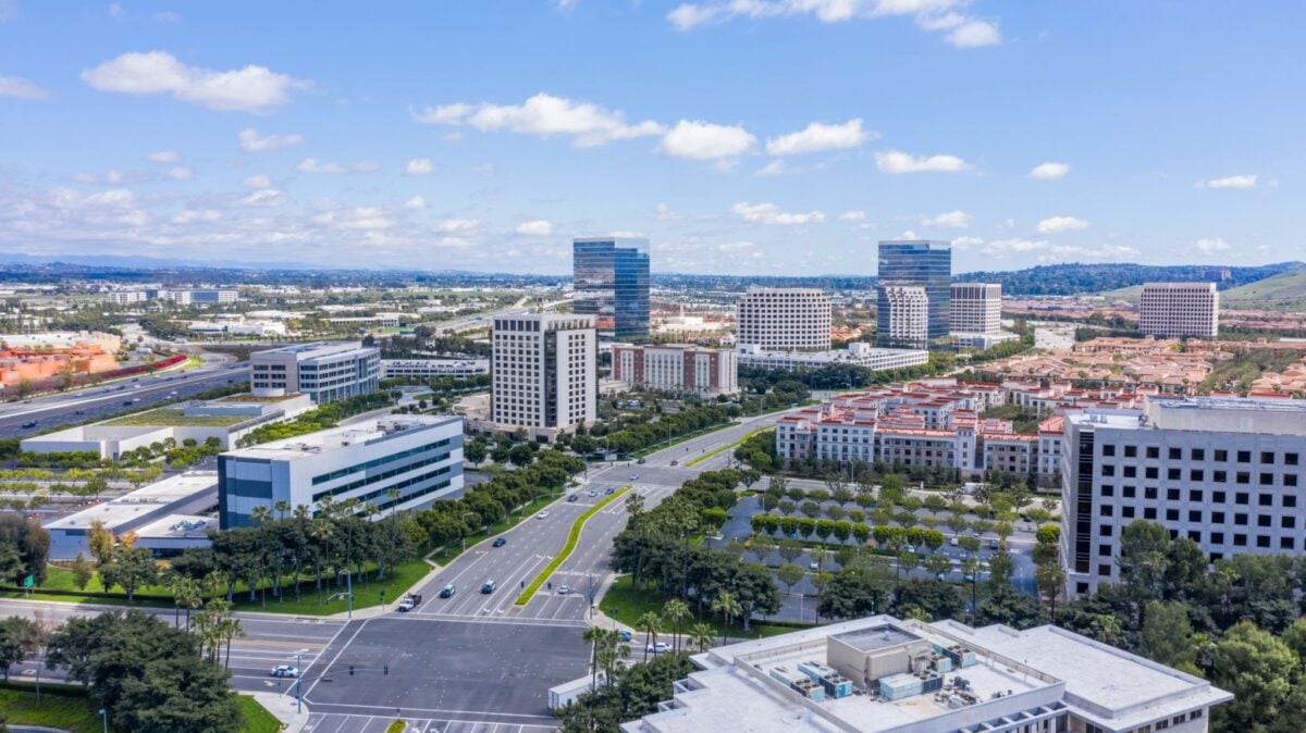 Aerial view of the downtown Irvine, California skyline.