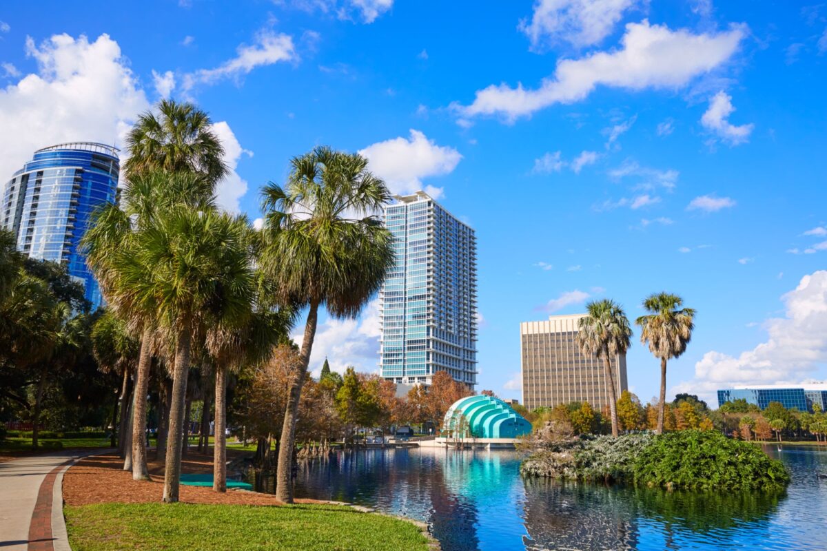 Orlando skyline fom lake Eola in Florida USA