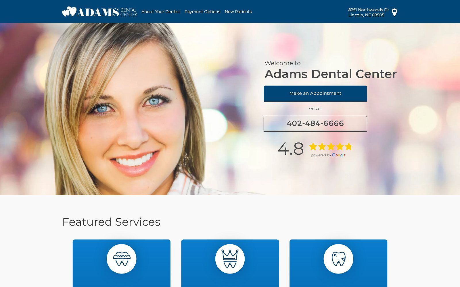 The screenshot of adams dental center website