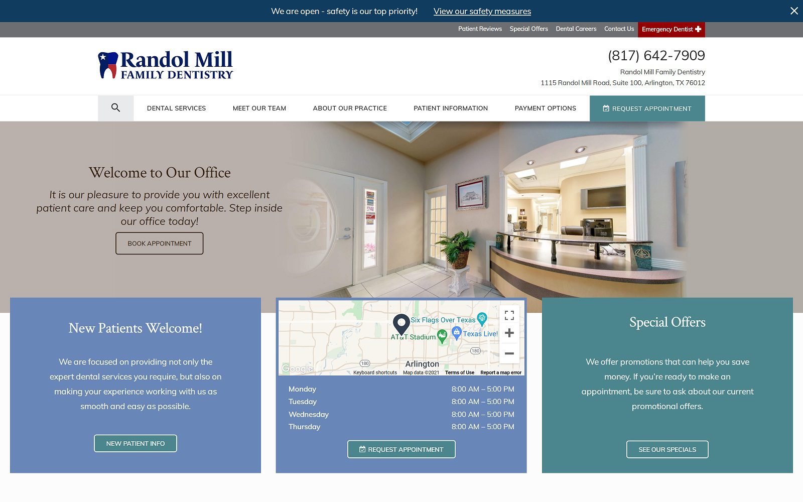 The screenshot of randol mill family dentistry website