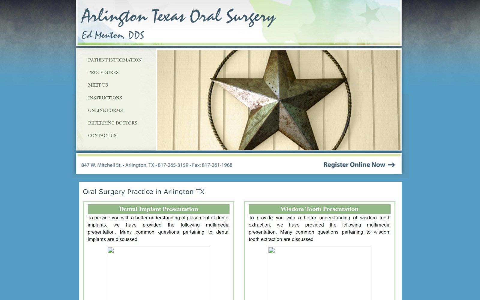 The screenshot of arlington texas oral surgery dr. Ed menton website