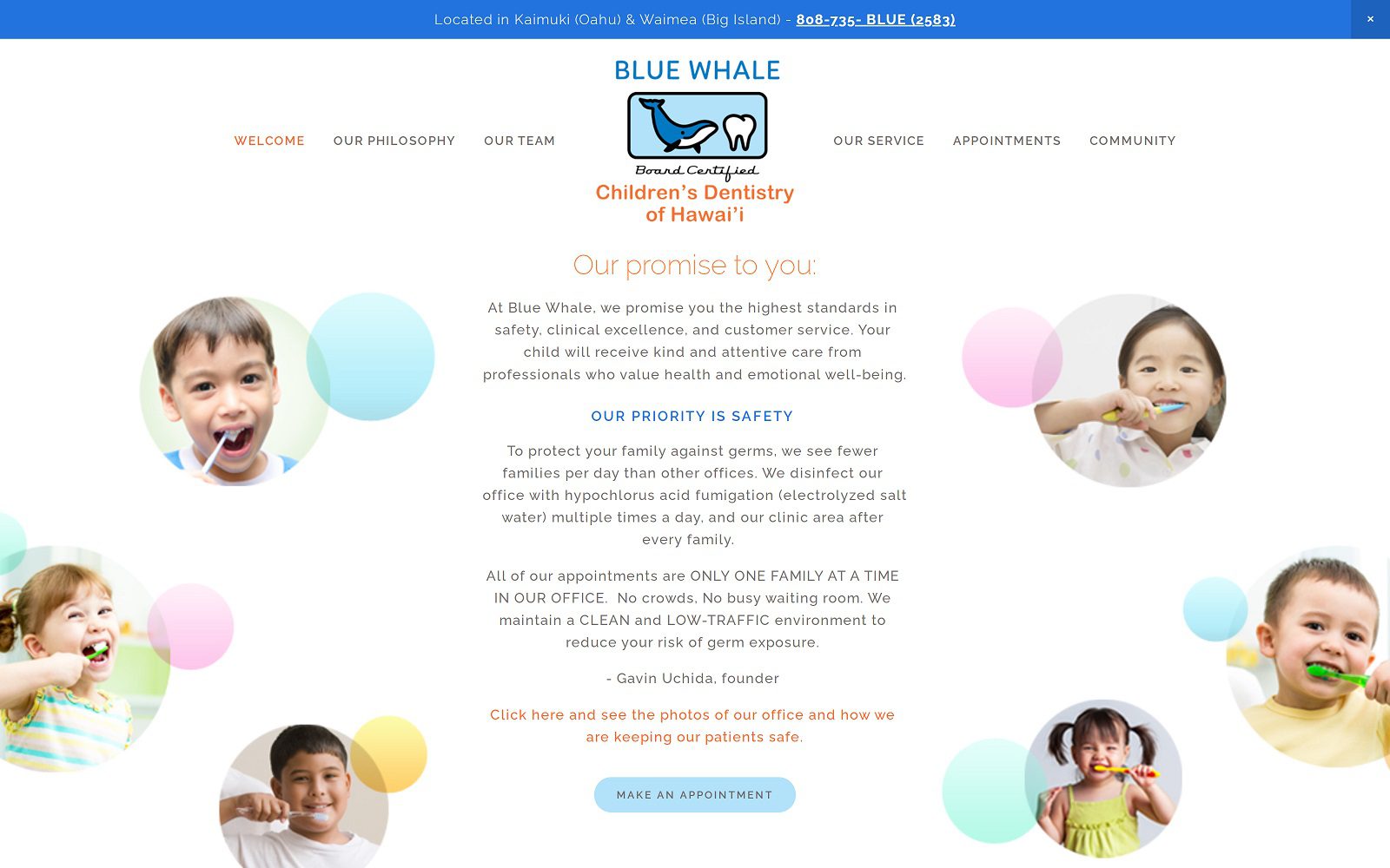 The screenshot of blue whale children's dentistry of hawaii website