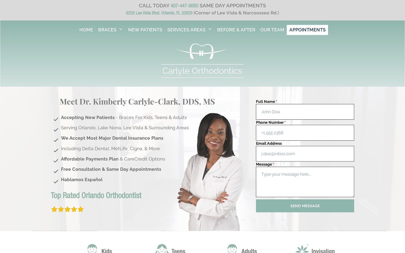 The screenshot of carlyle orthodontics dr. Kimberly carlyle-clark website