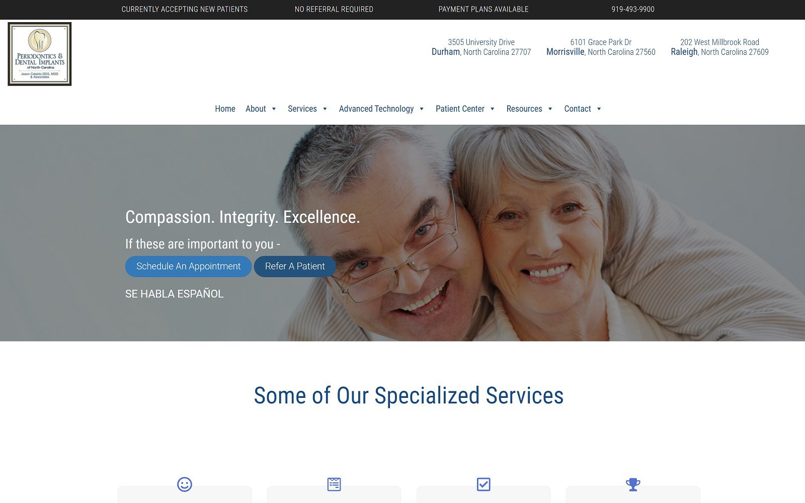 The screenshot of periodontics and dental implants of north carolina dr. Jason cataldo website