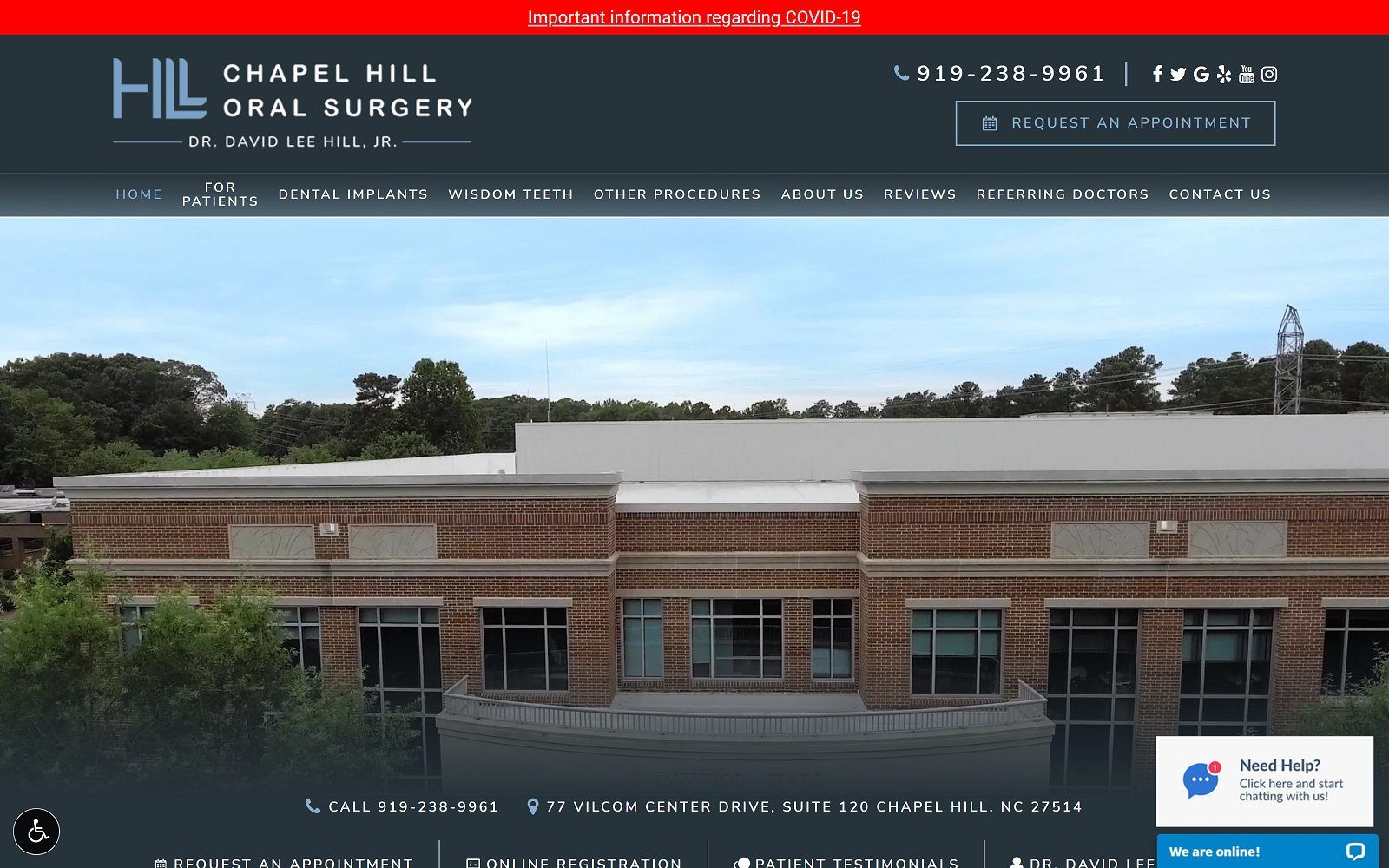 The screenshot of chapel hill implant & oral surgery center: david lee hill, jr. , dds website