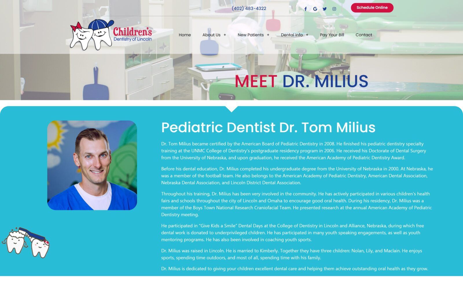 The screenshot of children's dentistry of lincoln dr. Tom milius website