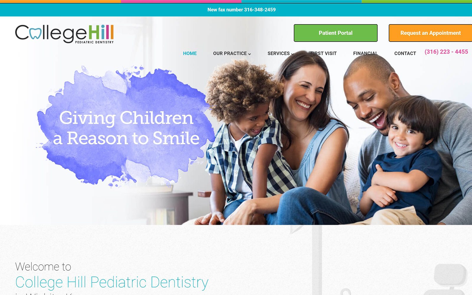 The screenshot of college hill pediatric dentistry website