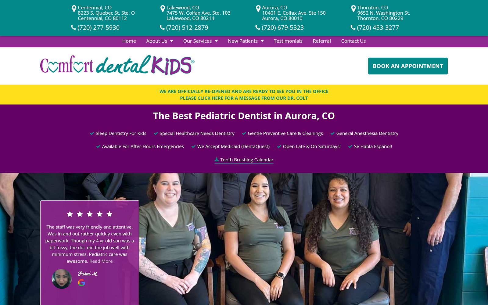 The screenshot of comfort dental kids aurora website