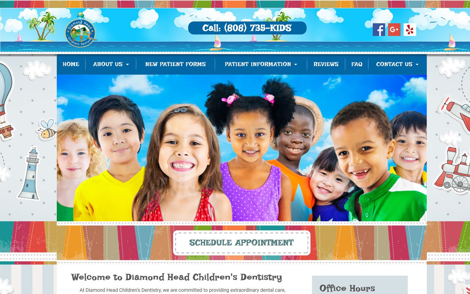 The screenshot of diamond head children's dentistry website