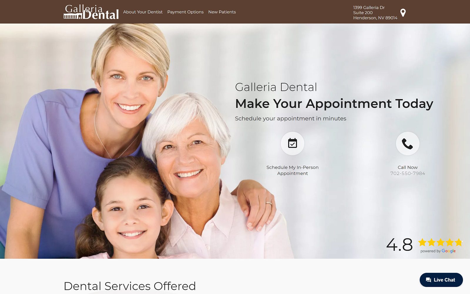 The screenshot of galleria dental website