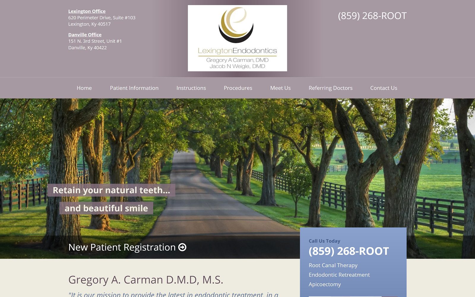 The screenshot of lexington endodontics dr. Gregory a. Carman website