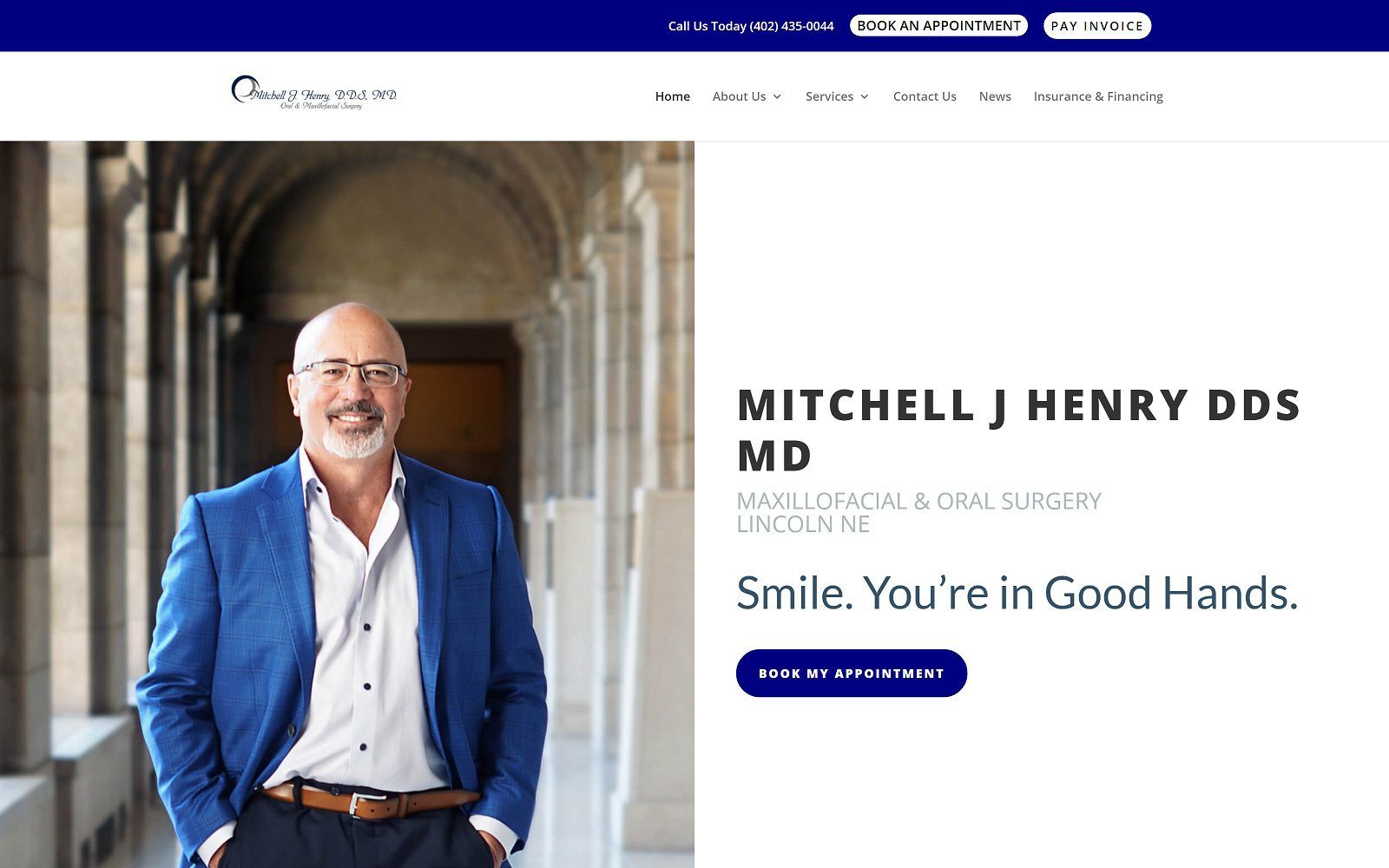 The screenshot of lincoln oral surgery dr. Mitchell j. Henry website