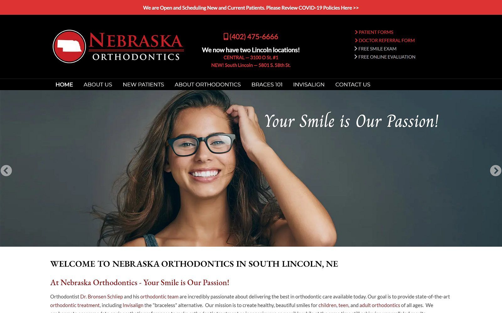 The screenshot of nebraska orthodontics dr. Bronsen schliep website