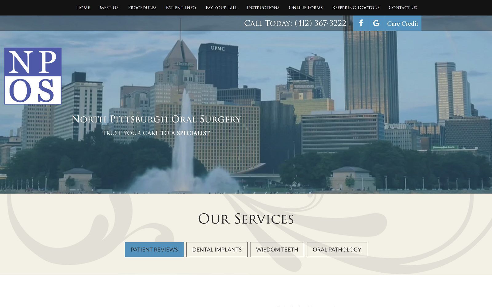 The screenshot of north pittsburgh oral surgery: drs. Roccia, tunder, marsh, singh and brinster website