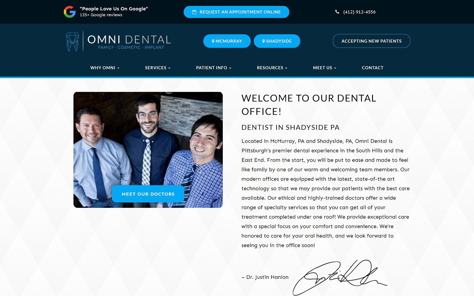 The screenshot of omni dental shadyside website