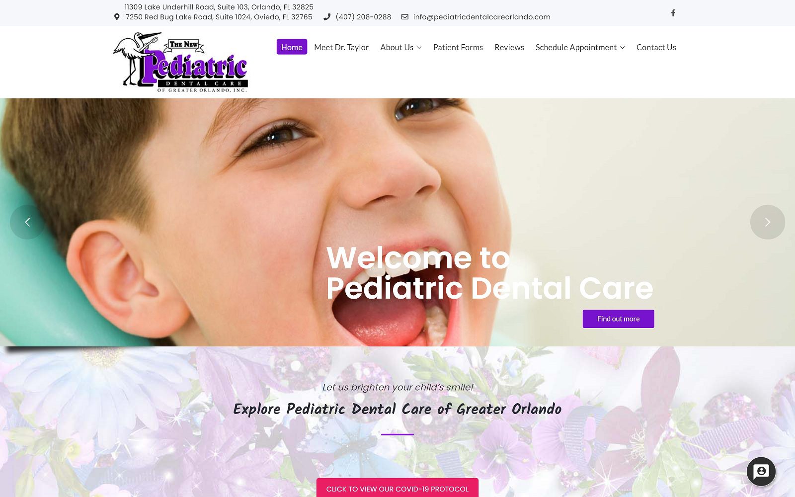 The screenshot of the new pediatric dental care of greater orlando inc website