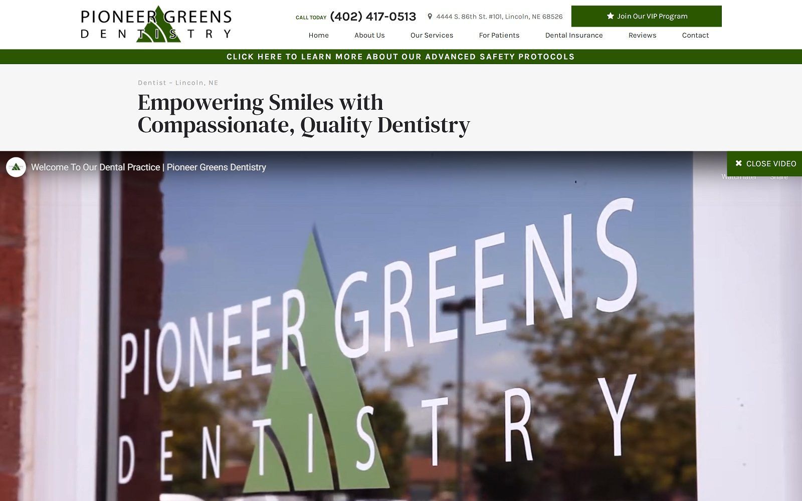 The screenshot of pioneer greens dentistry website