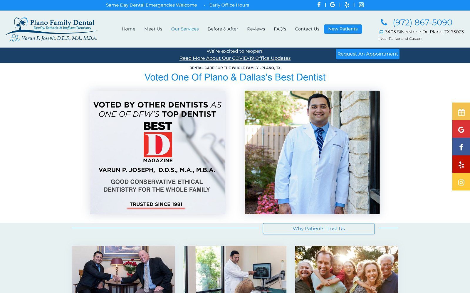 The screenshot of plano family dental website