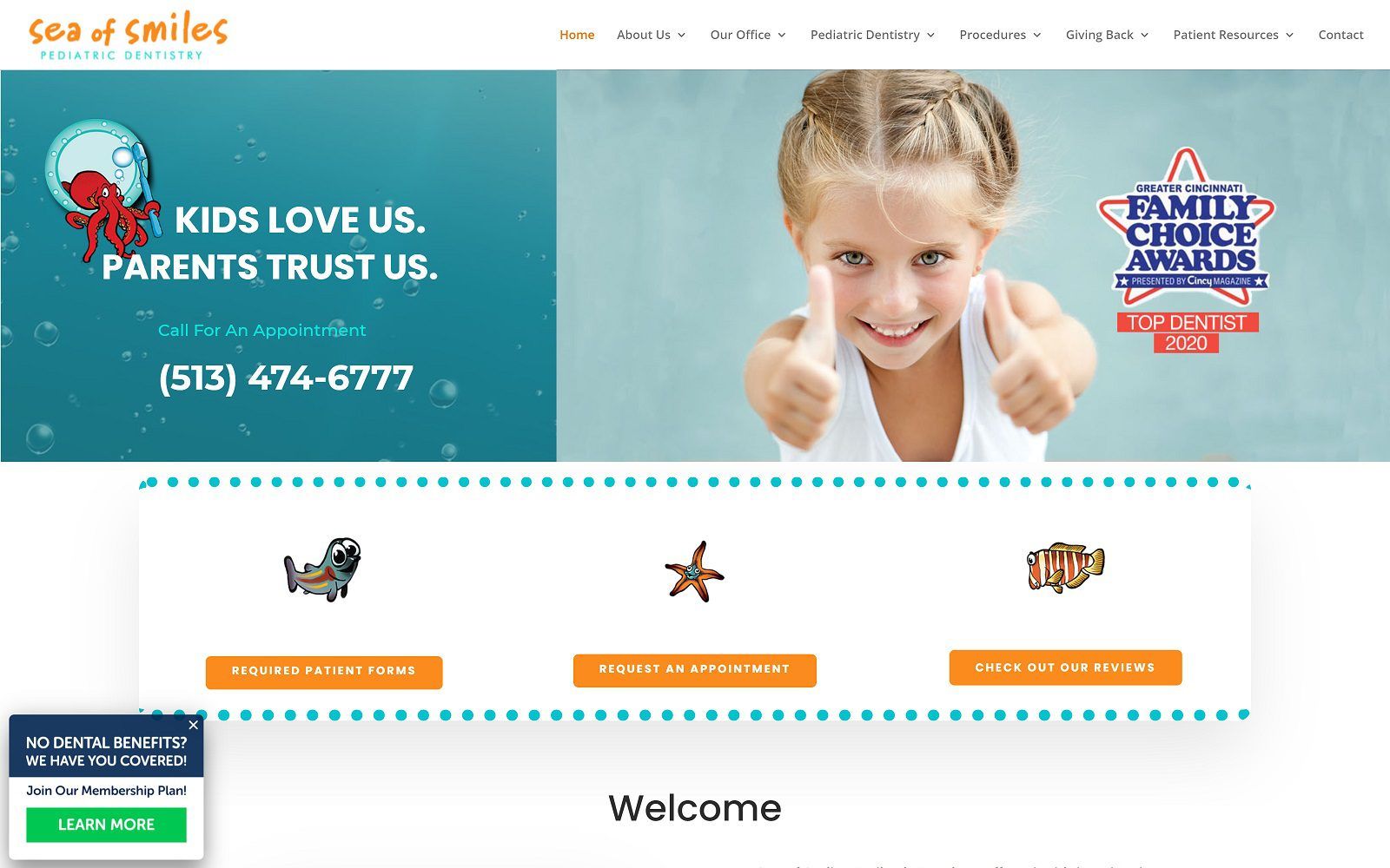 The screenshot of sea of smiles pediatric dentistry website
