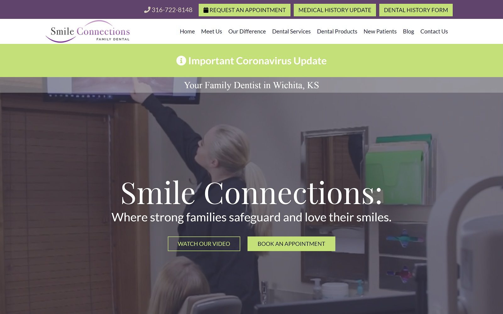 The screenshot of smile connections family dental website