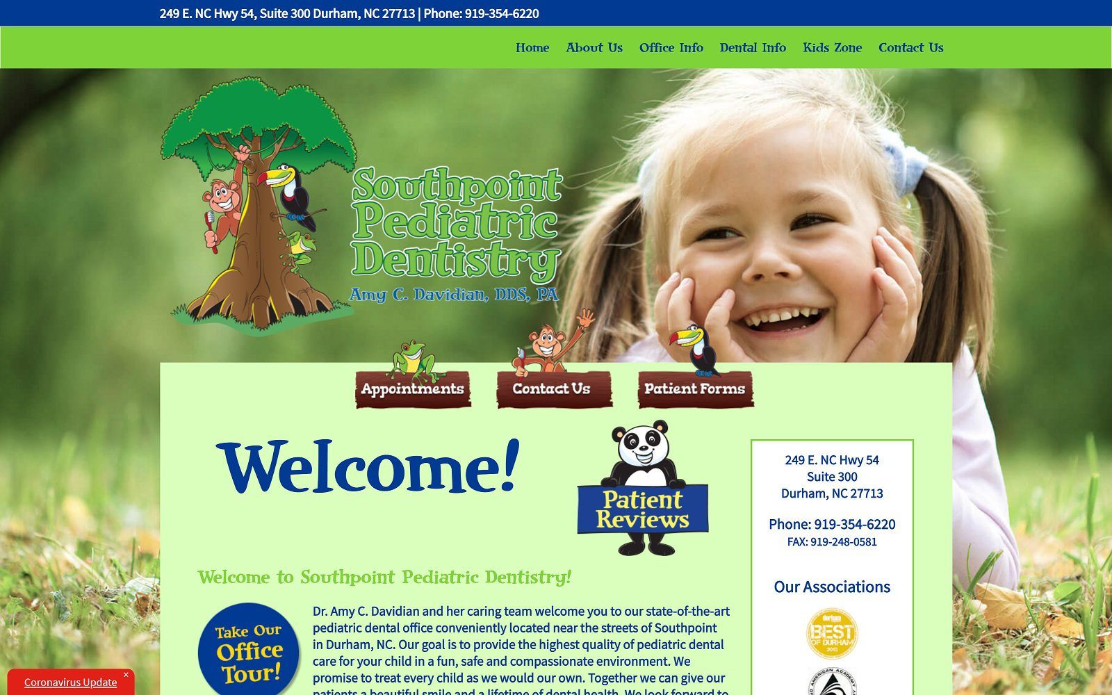 The screenshot of southpoint pediatric dentistry dr. Amy c. Davidian website
