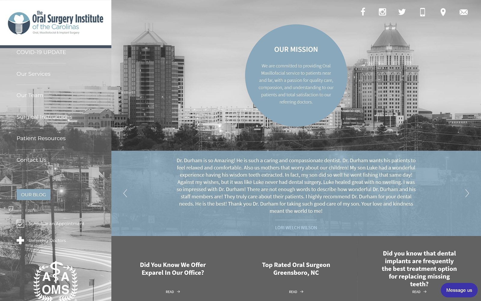 The screenshot of the oral surgery institute of the carolinas website