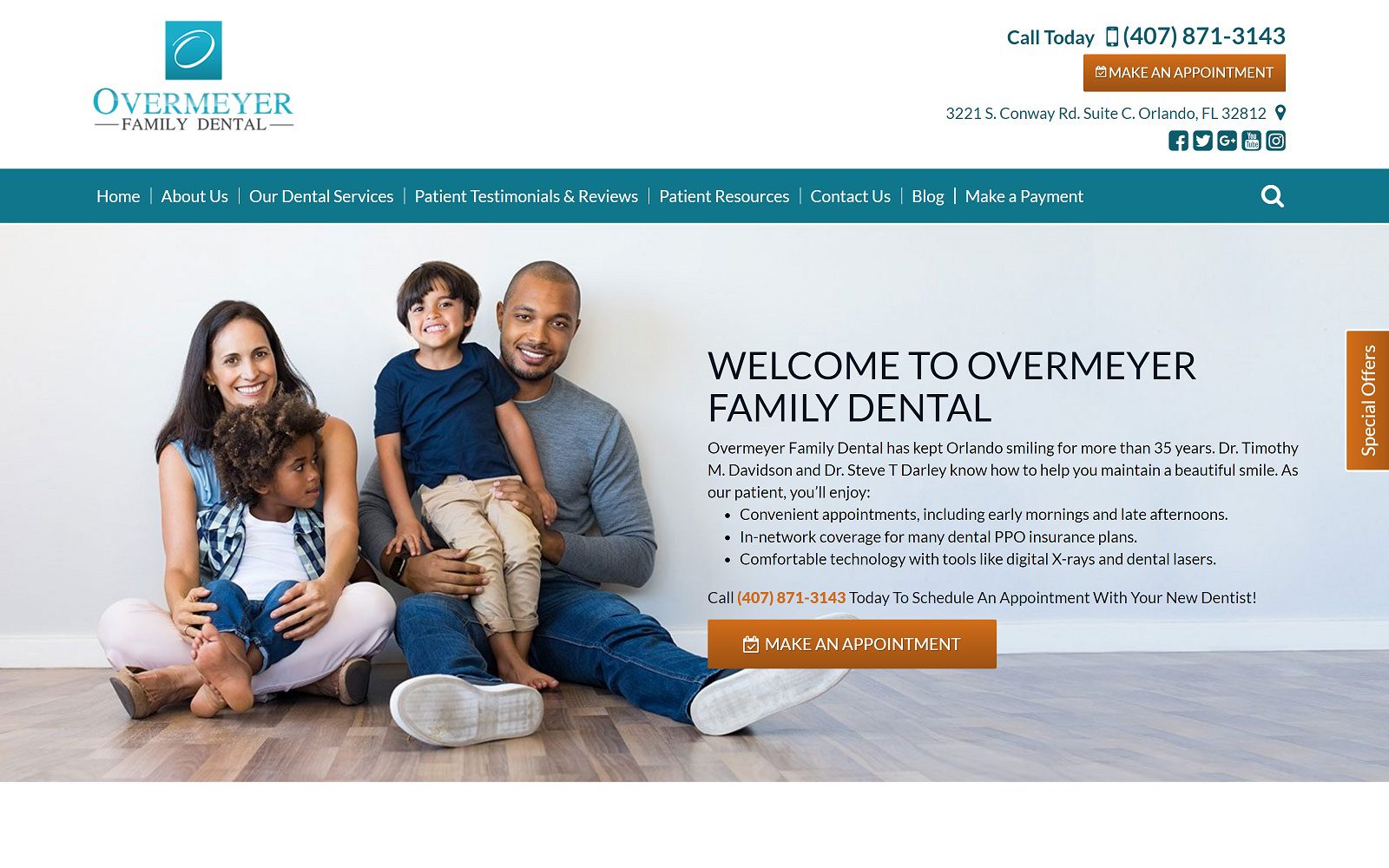 The screenshot of overmeyer family dental website