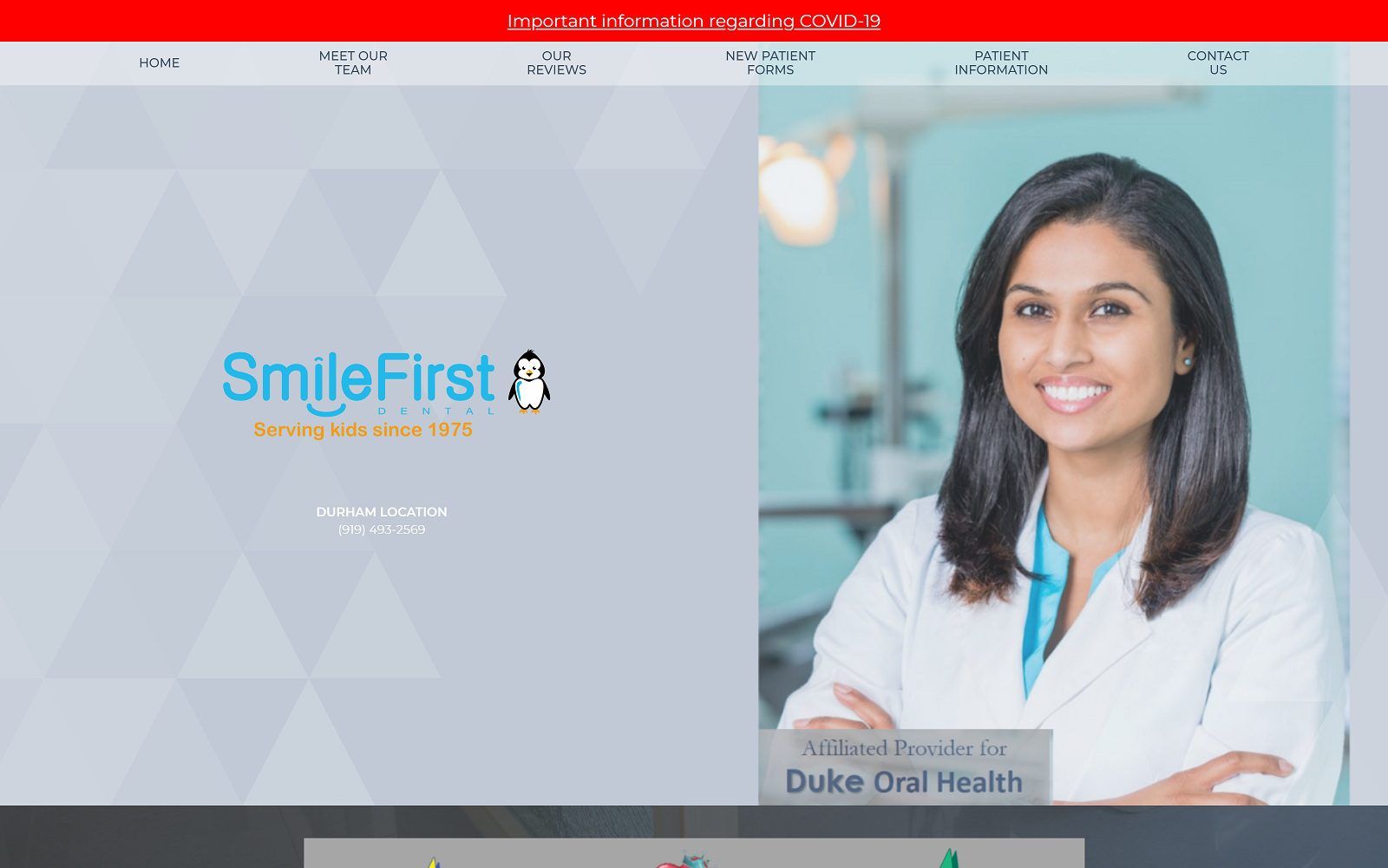 The screenshot of smile first pediatric dental (previously triangle kids dentist) dr. Sindhura citineni website