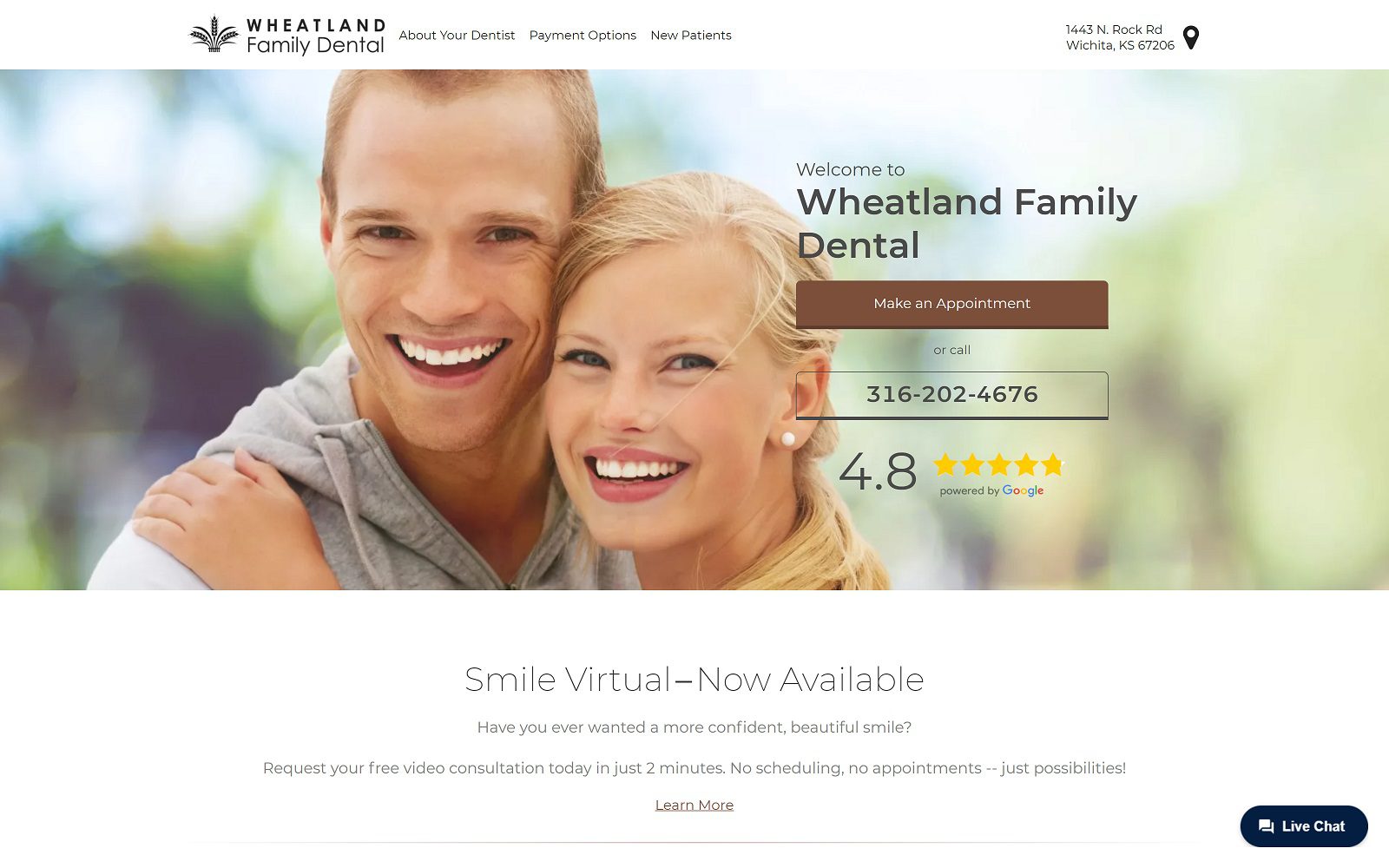 The screenshot of wheatland family dental website