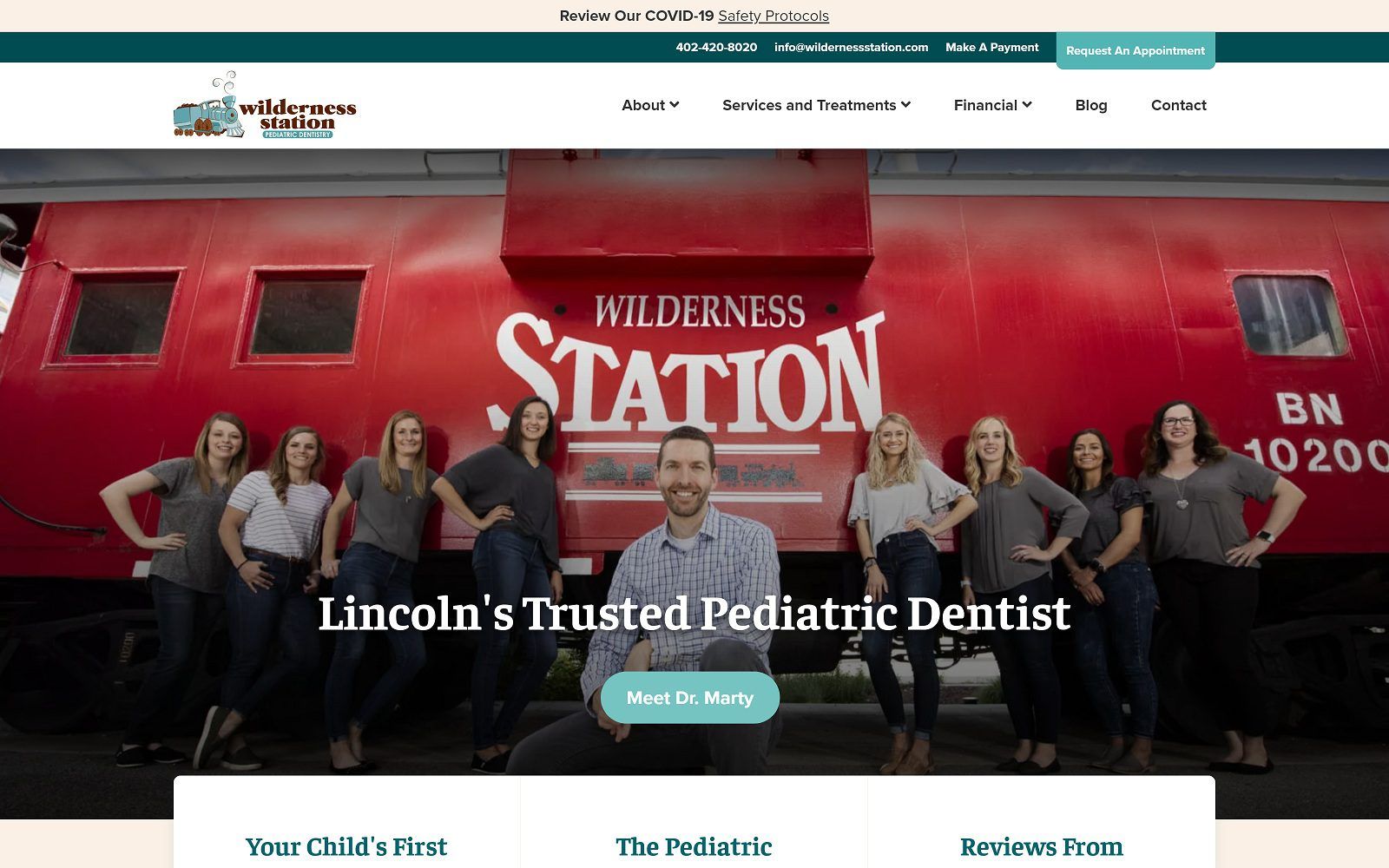 The screenshot of wilderness station pediatric dentistry website